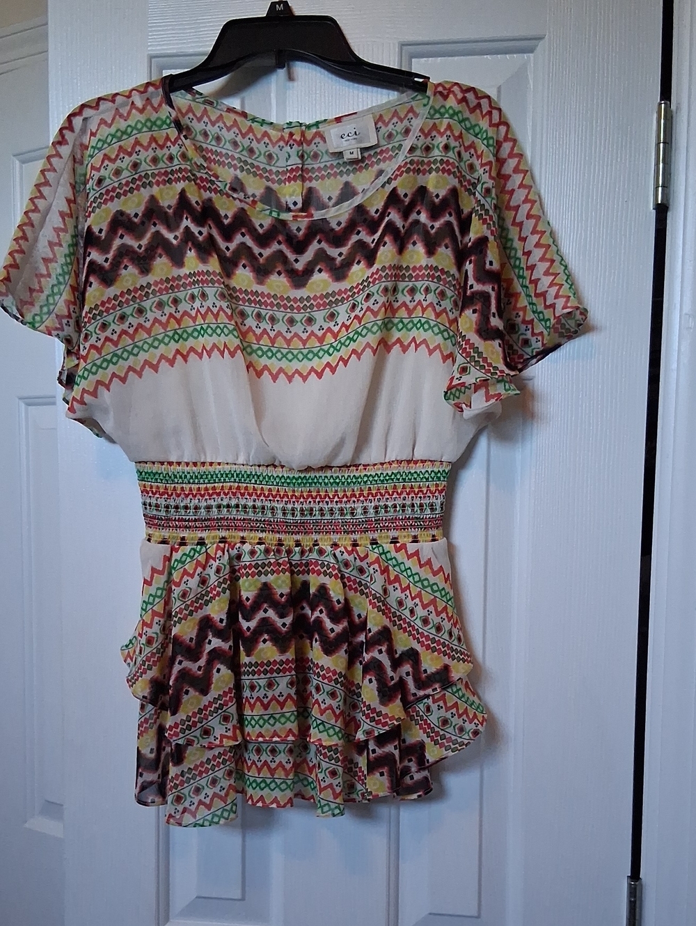 eci Cream Multicolor Aztec-Print Short Sleeve Peplum Top
